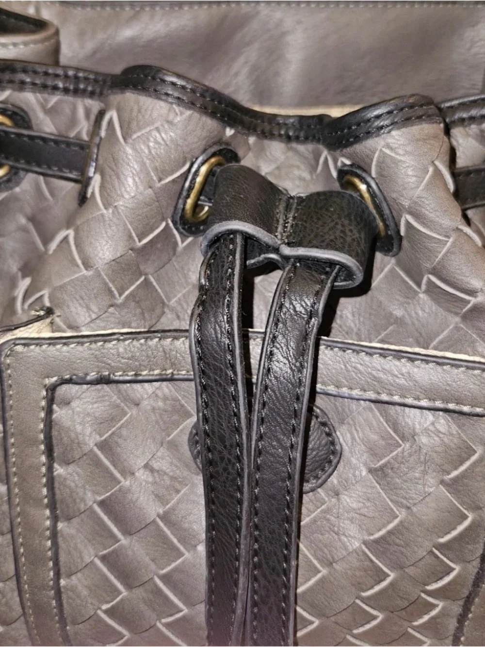 Simply Noelle Woven Backpack Purse Gray Black Boho Drawstring Shoulder Bag